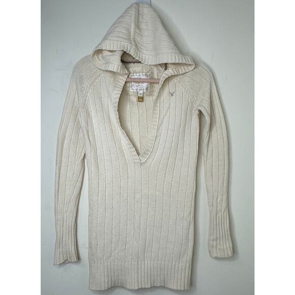 XS Y2K VTG American Eagle Ivory Ribbed Deep V-Neck Hoodie Sweater Elena Gilbert - Picture 1 of 7